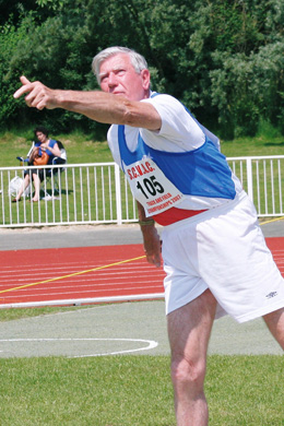 Barry Strange,
club president and founder member, competing in the Southern Counties Veterans AC Championships held at Ashford, Kent on Sunday, 3 June 2007.
