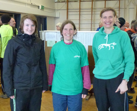 The victorious White Horse Harriers Ladies Team of Robin, Lucia and Clare gathered in anticipation at the awards ceremony after The Terminator on Sunday, 24 February 2013.